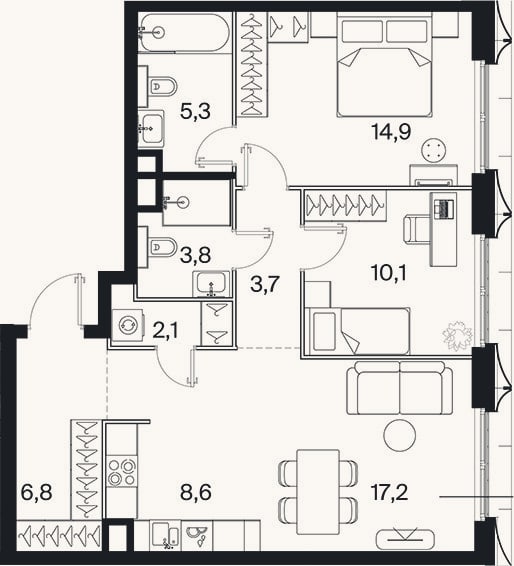 Планировка: 3-к, 72,3 м²