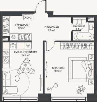 Планировка: 2-к, 49,5 м²