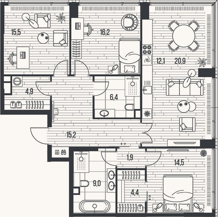Планировка: 4+ к, 121 м²