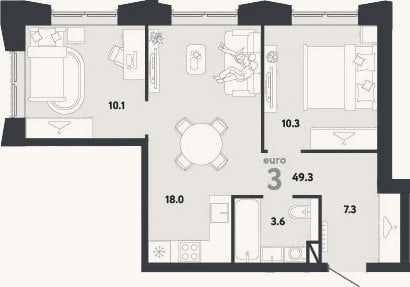 Планировка: 3-к, 49,3 м²