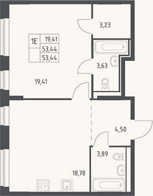 Планировка: 2-к, 53,4 м²