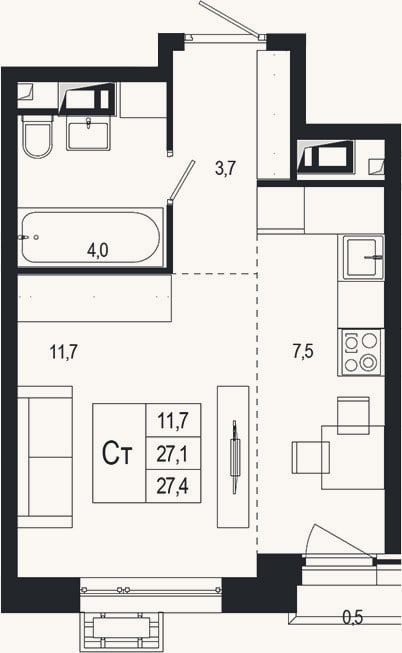 Планировка: Студия, 27,1 м²