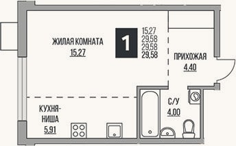 Планировка: Студия, 29,6 м²