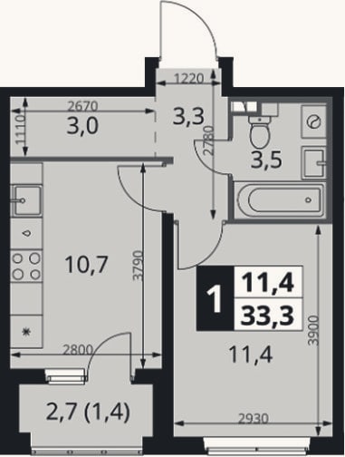 Планировка: 1-к, 31,9 м²