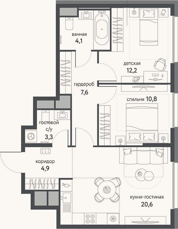 Планировка: 3-к, 63,5 м²