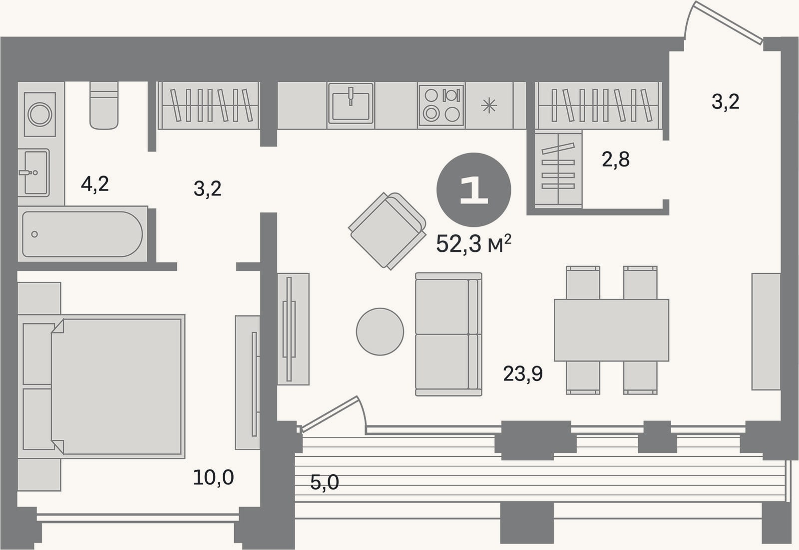 Планировка: 1-к, 47,3 м²