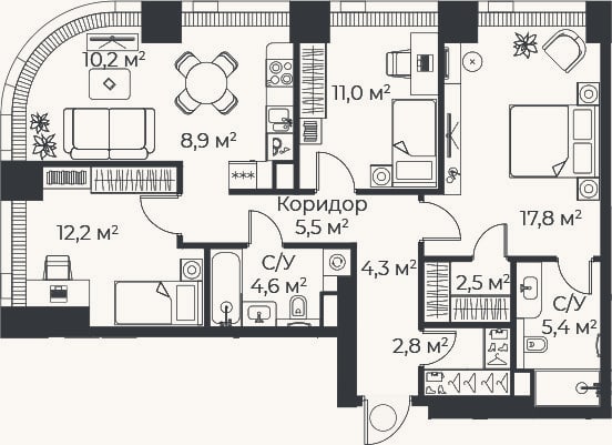 Планировка: 4+ к, 85,1 м²