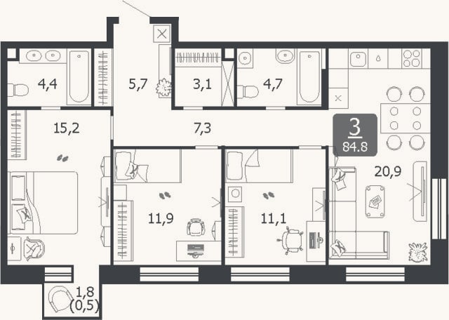 Планировка: 4+ к, 84,3 м²