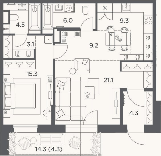 Планировка: 2-к, 72,8 м²