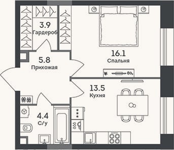 Планировка: 1-к, 43,7 м²