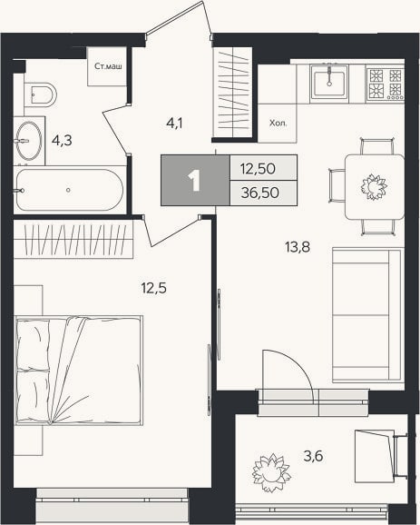 Планировка: 1-к, 34,7 м²