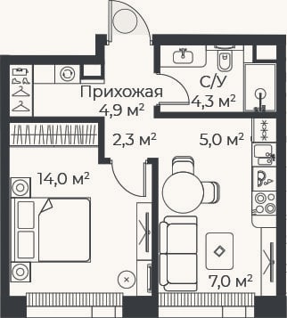 Планировка: 2-к, 37,5 м²
