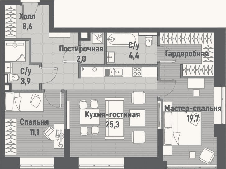 Планировка: 3-к, 75 м²