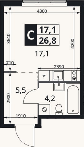 Планировка: Студия, 26,8 м²