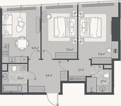 Планировка: 3-к, 74,1 м²