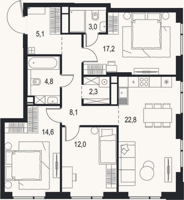 Планировка: 4+ к, 89,9 м²