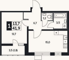 Планировка: 1-к, 41,1 м²