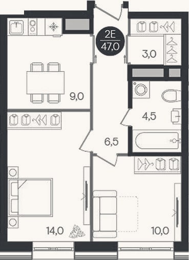 Планировка: 2-к, 47 м²