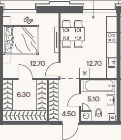Планировка: 1-к, 41,3 м²