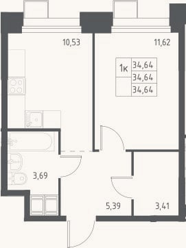 Планировка: 1-к, 34,6 м²