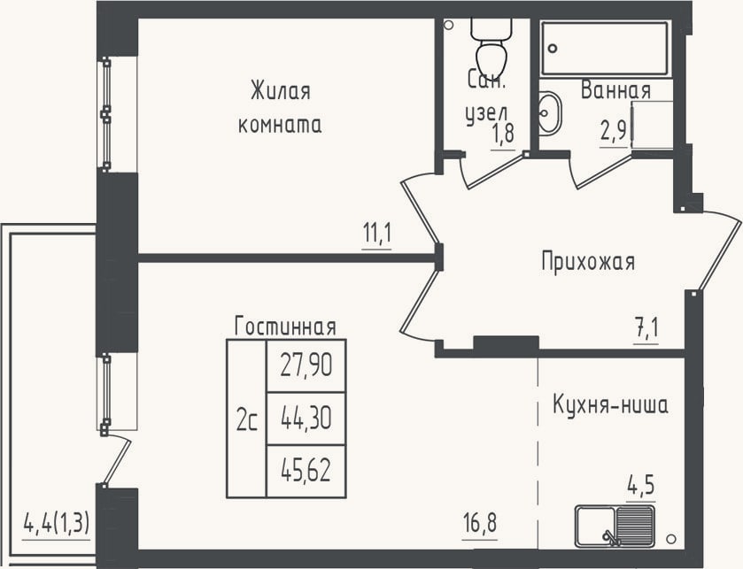 Планировка: 1-к, 44,3 м²