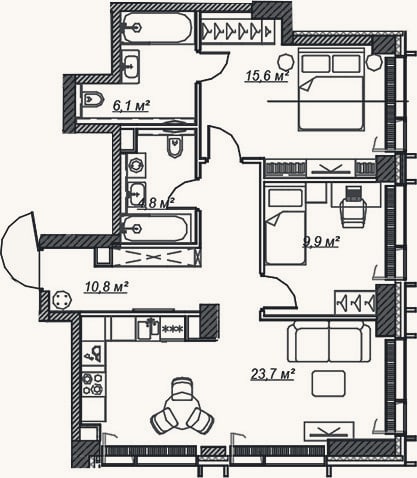 Планировка: 3-к, 70,9 м²
