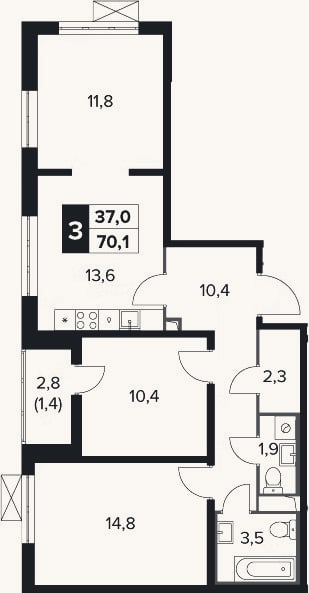 Планировка: 3-к, 68,7 м²