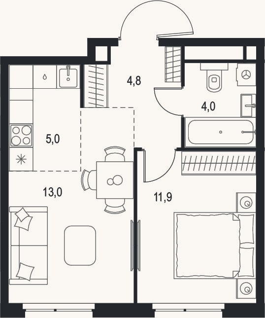 Планировка: 2-к, 38,7 м²