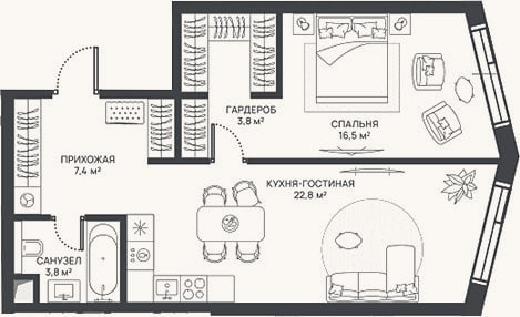 Планировка: 2-к, 54,3 м²