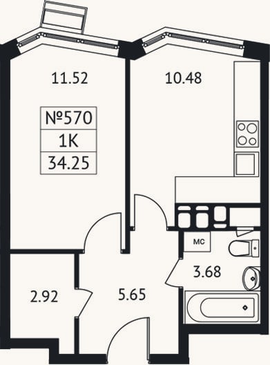 Планировка: 1-к, 34,3 м²