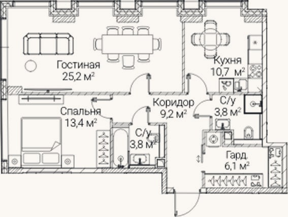 Планировка: 2-к, 72,2 м²