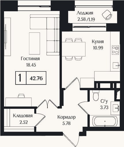 Планировка: 1-к, 41,5 м²