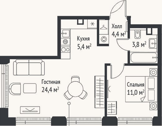 Планировка: 2-к, 48,9 м²
