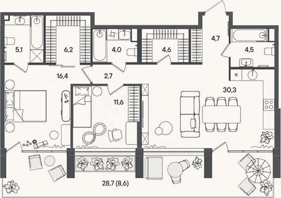 Планировка: 3-к, 90,1 м²