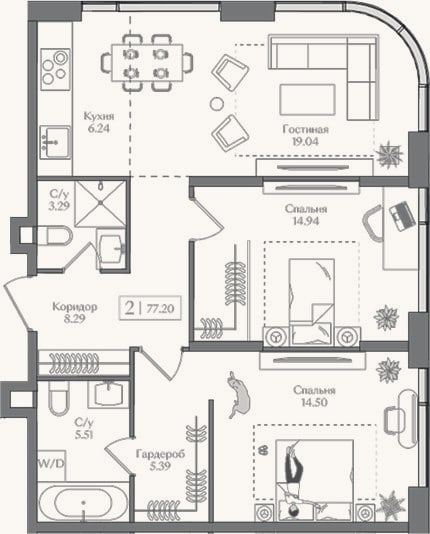 Планировка: 3-к, 77,2 м²