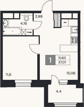 Планировка: 2-к, 34,8 м²