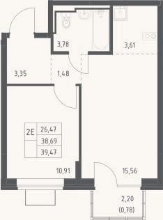 Планировка: 2-к, 38,7 м²