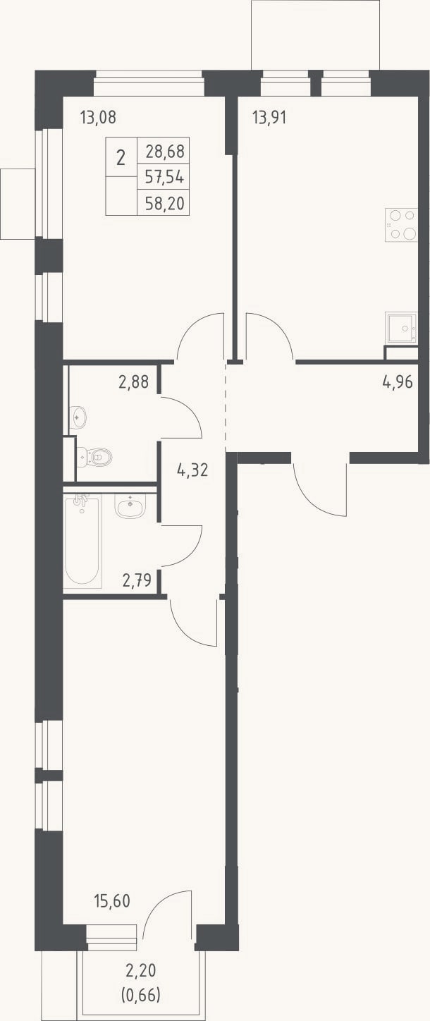 Планировка: 2-к, 57,5 м²