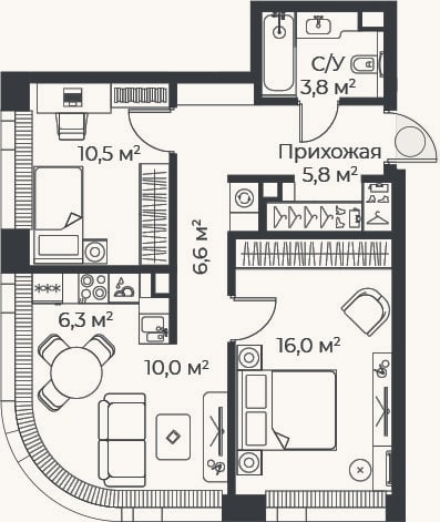Планировка: 3-к, 59 м²