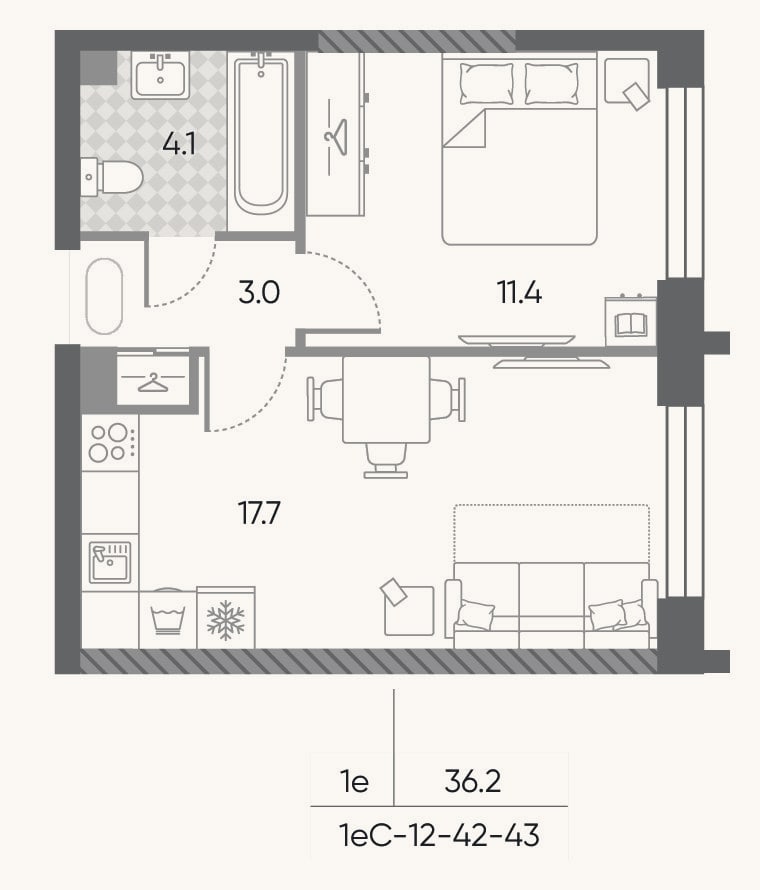 Планировка: 2-к, 36,2 м²