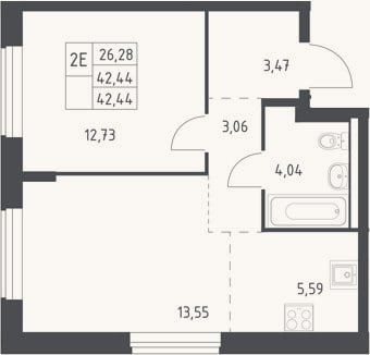 Планировка: 2-к, 42,4 м²