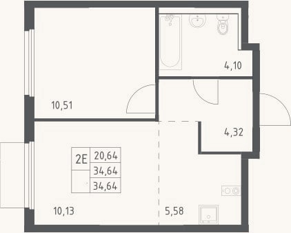Планировка: 2-к, 34,6 м²