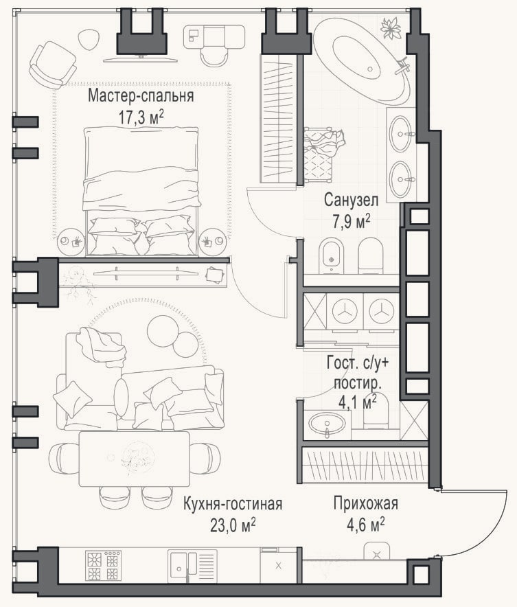 Планировка: 2-к, 57,4 м²