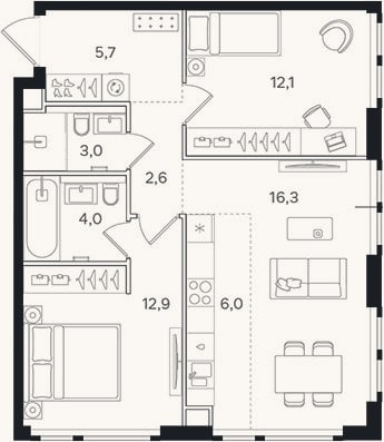 Планировка: 3-к, 62,6 м²