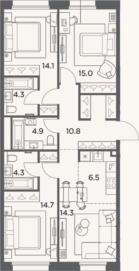 Планировка: 4+ к, 88,9 м²