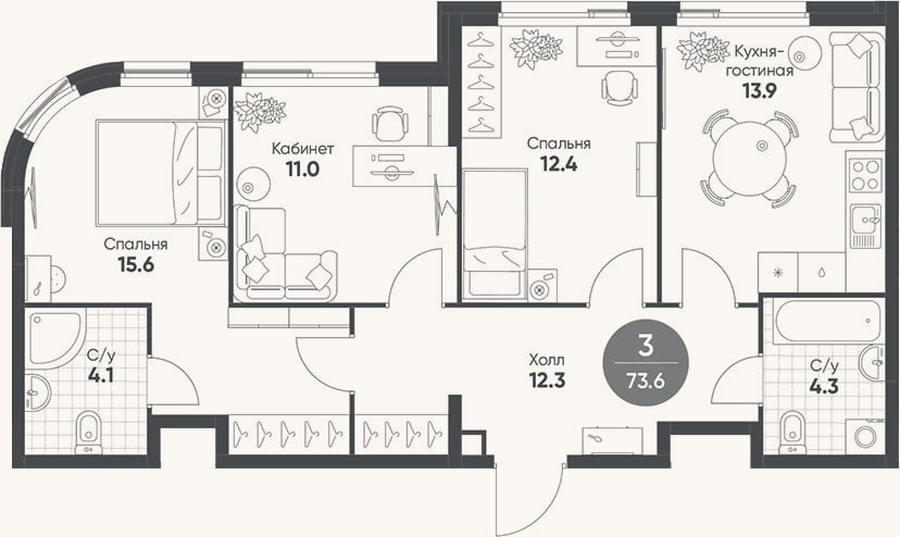 Планировка: 4+ к, 73,6 м²