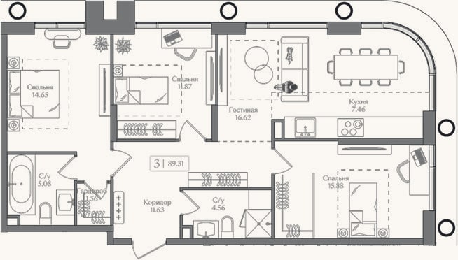 Планировка: 4+ к, 89,3 м²