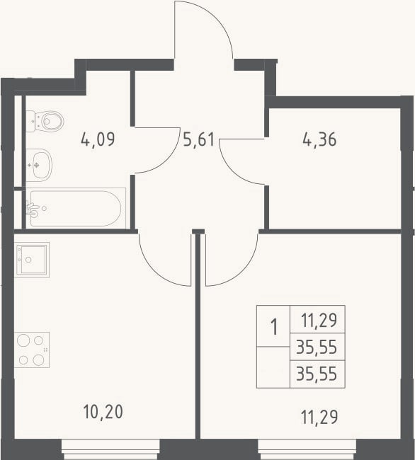 Планировка: 1-к, 35,6 м²