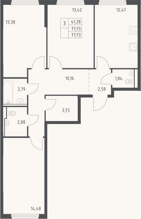 Планировка: 3-к, 77,7 м²