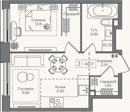 Планировка: 2-к, 40,4 м²